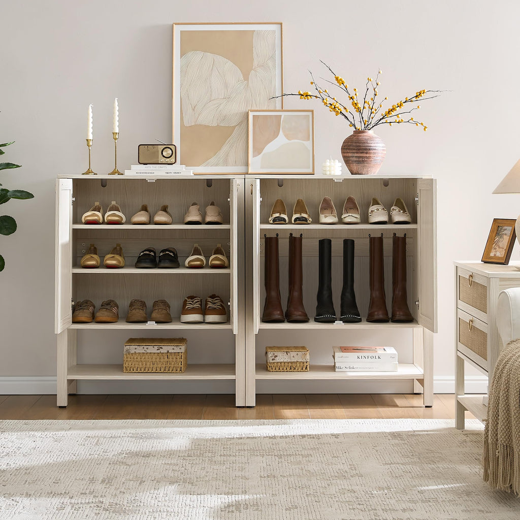 Rattan Shoe Cabinet with Storage, 5 Tier, White Cream Oak