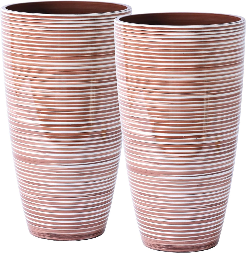 Tall Planters for Outdoor Plants 2Pack, 21-Inch Large Striped Planter with Removable Insert Shelf,Ribbed Coffee&Milk