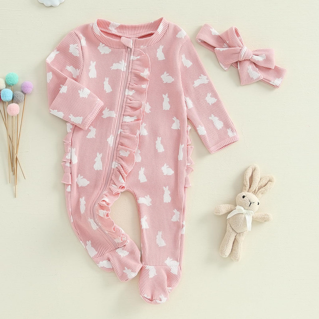 My First Easter Baby Girl Boy Outfit Footie Romper Waffle Knit Zipper Onesie Jumpsuit Newborn Easter Clothes (Pink