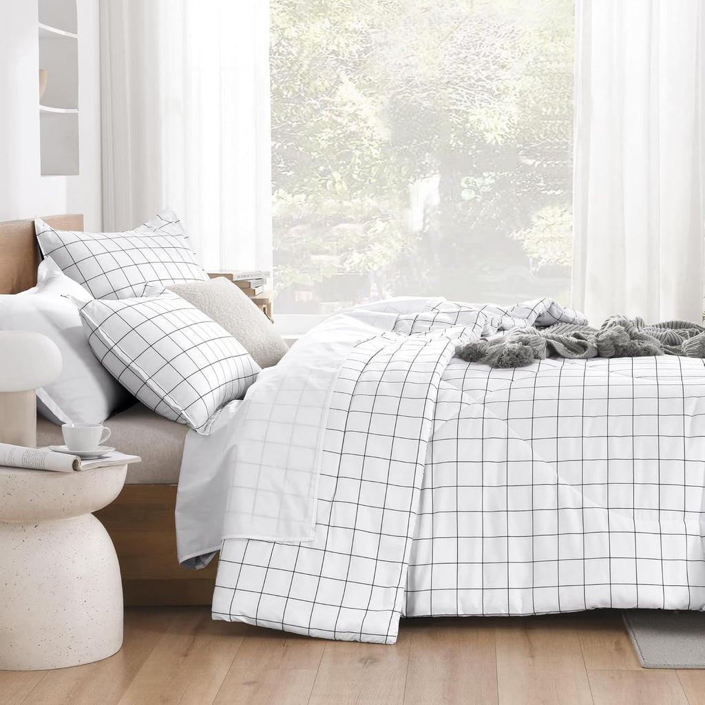 Full Comforter Sets, White Gingham Plaid Grid Checkered Bedding Comforter Set for Teens Boys Girls Kids, 3 Pieces