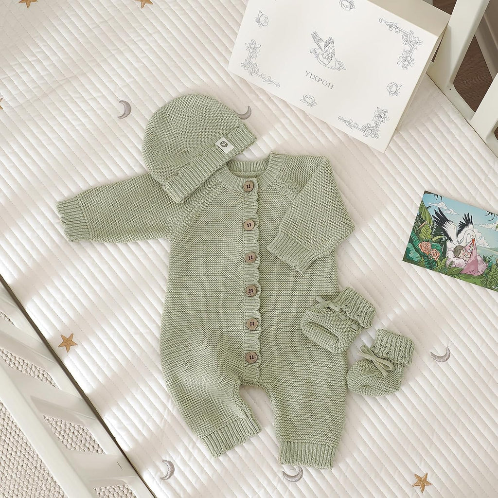 Organic Cotton Baby Sweater Knit Romper Hat Booties 3 Piece