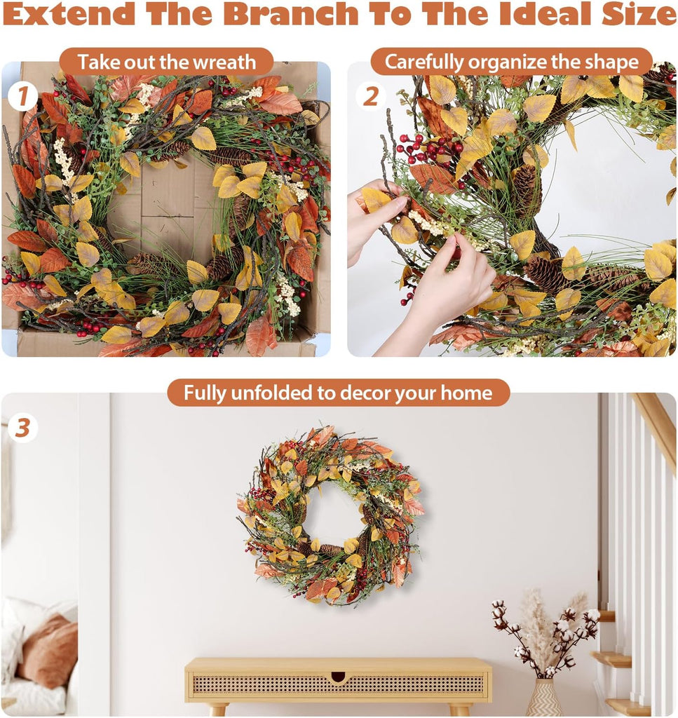 Fall Wreath for Front Door 24 inch Artificial Red Broad Leaves