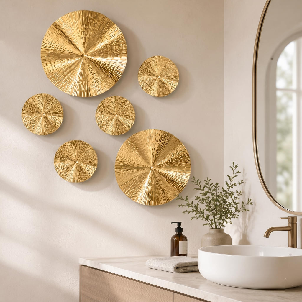 6 Pcs Gold Sunburst Wall Decor Set, Iron Metal Wall Art with 9.6" & 5.9" Pieces, Modern Geometric Hanging Sculptures