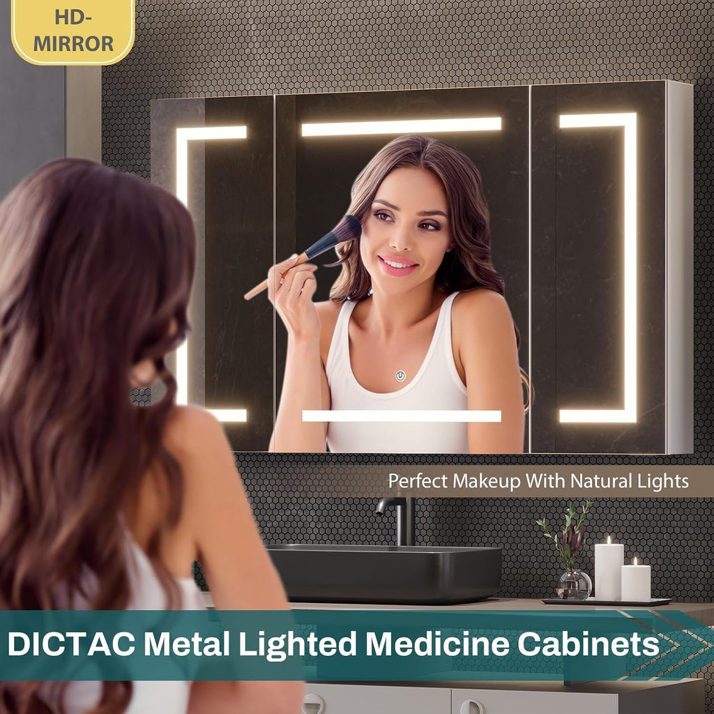 Medicine Cabinet with Mirror and LED Light, Wall Mounted Bathroom Mirror with Storage, 3 Doors Bathroom Wall Cabinet