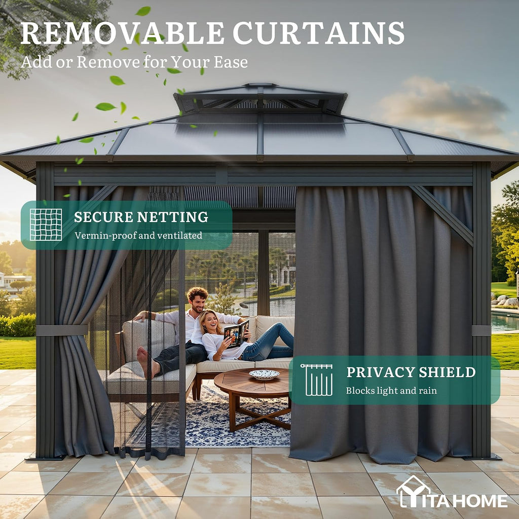 10x10FT Gazebo Polycarbonate Hardtop Double Roof Canopy Outdoor with Netting and Shaded Curtains