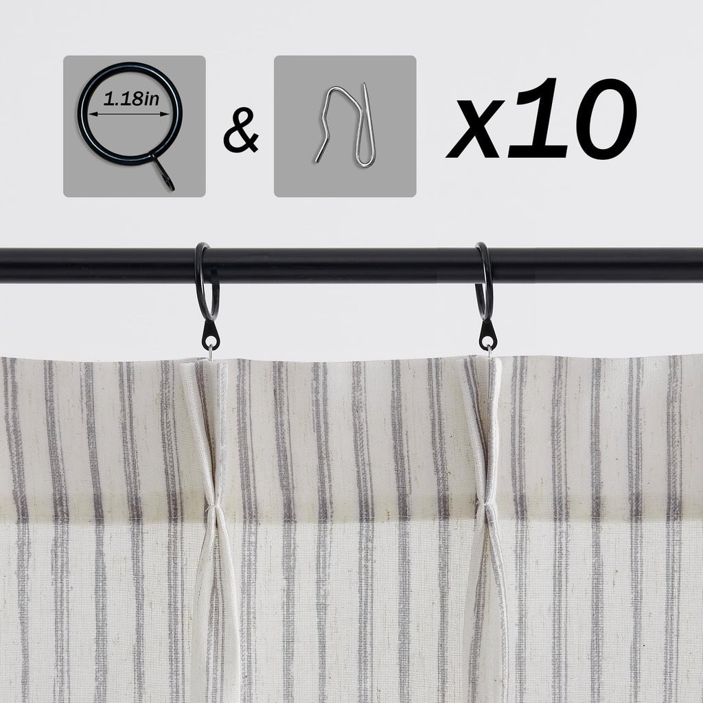 Pinch Pleated Curtains Window, Striped Kitchen Tier Curtain with Hooks Rings, Gray and White Ticking Stripe Curtains