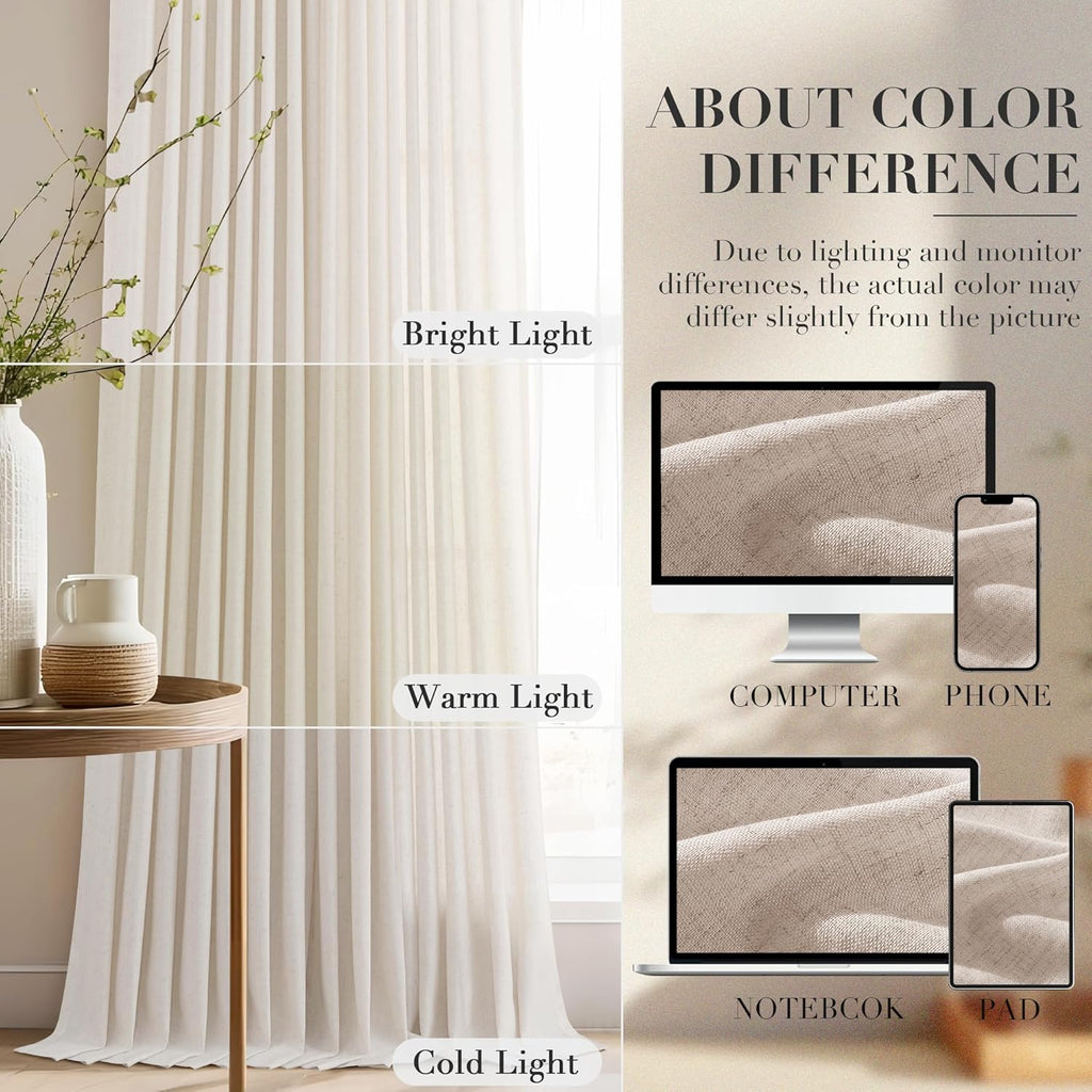 96 Inch Pinch Pleated Linen Curtains 2 Panel Set Light Filtering Privacy Window Curtains for Living Room Bedroom