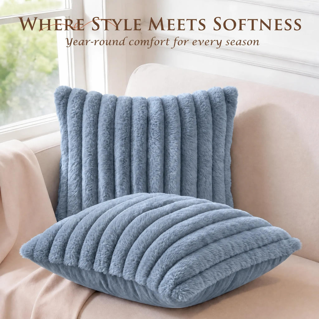 Set of 2 Decorative Throw Pillow Covers 20x20 Fall Faux Fur Light Blue