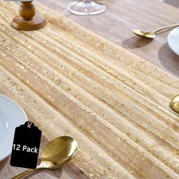 12PC Gold Gauze Table Runner 120 Inch 10FT Dining Wedding Baby Shower Holiday Birthday Sparkly Sheer Tulle Table