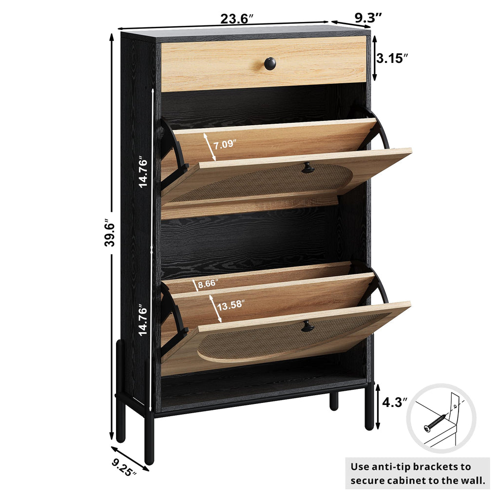 Shoe Cabinet with 2 Flip Drawers, Shoe Storage Cabinet, Free Standing Shoe Storage Organizer with Rattan Doors Slim