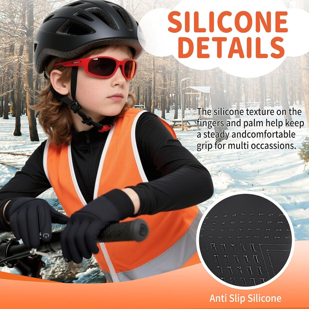 Kids Winter Gloves Waterproof Touchscreen Warm Fleece Anti-Slip for Boys Girls Children Black
