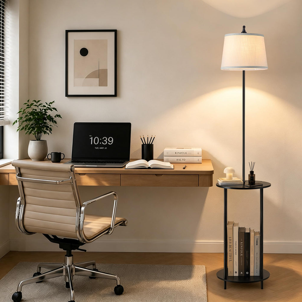 Floor Lamp with Table, 2-in-1 Side Table Floor Lamp with Linen Shade