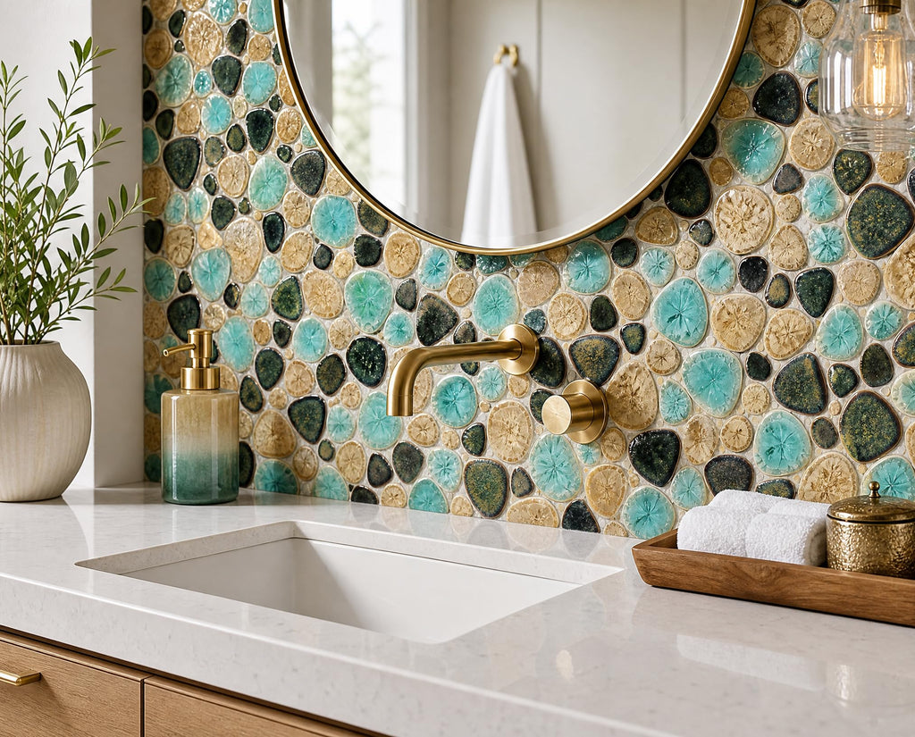 Pebble Porcelain Tile Fambe Turquoise Green Beige Shower Floor Pool Alley Tiles Mosaic TSTGPT005 (5 Square Feet)