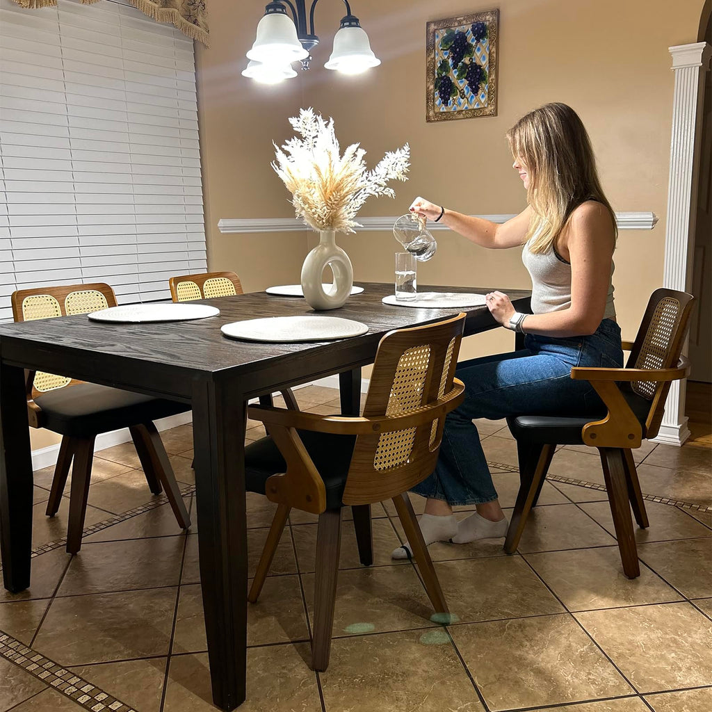 Walnut Dining Chairs - Swivel Rattan Dining Chairs with Bentwood Frame with Ergonomic Cane Back, Curved Arms, MCM