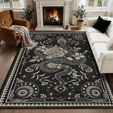 Snake Living Room Rug 5x7 Rug Washable Gothic Rugs Non Slip, Soft Area Rugs Low Pile, Faux Wool Goth Carpet, Black
