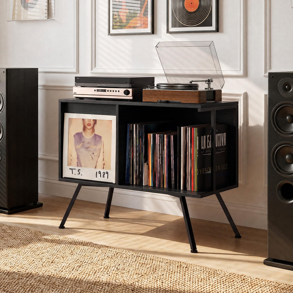 Flip Top Record Player Stand with Vinyl Storage Up to 150 Albums