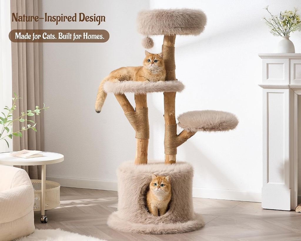 54" Modern Aesthetic Cat Tree Tower for Indoor Cats with Branch-Style Natural Wood Scratching Posts, Luxury Plush