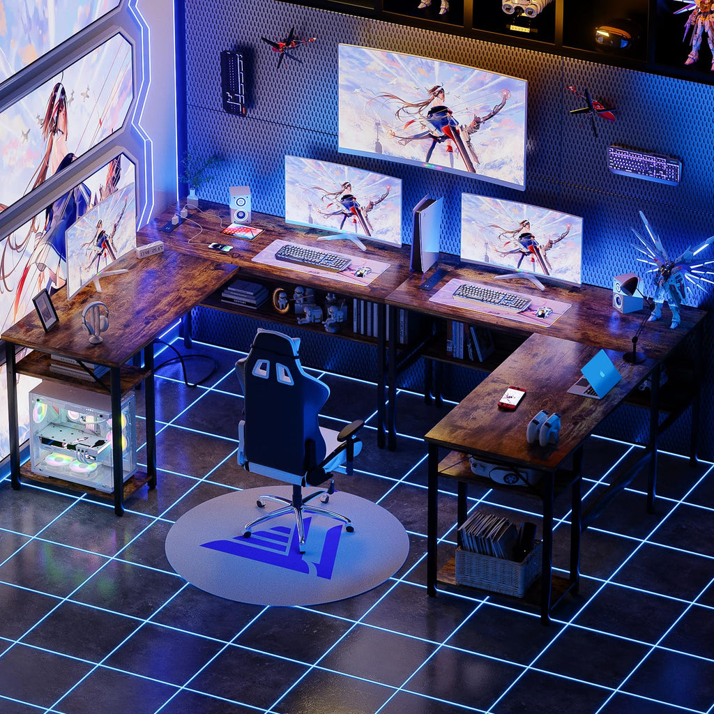 L Shaped Computer Desk with Magic Power Outlets and USB Charging Port, Sturdy Reversible Corner Desk with Storage
