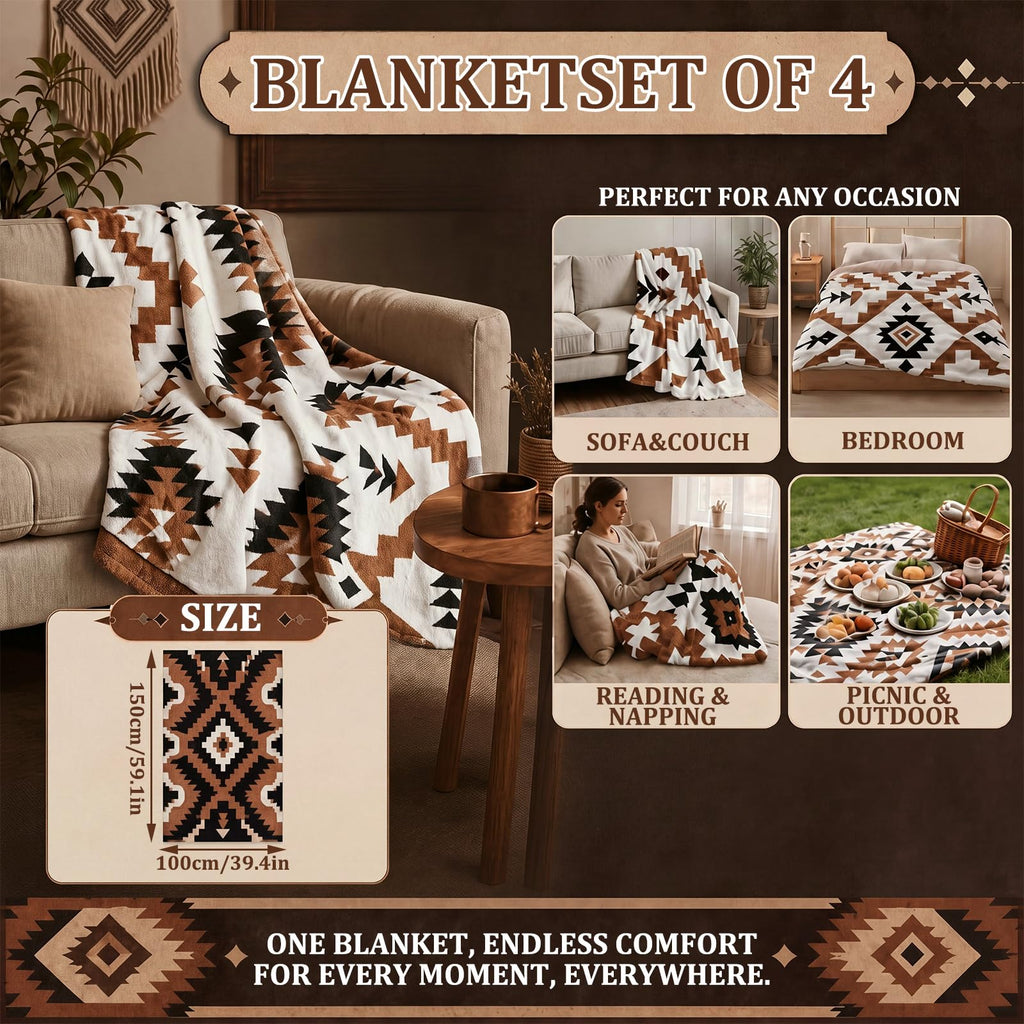 4 Pcs Western Aztec Throw Blankets Bulk, Boho Southwestern Decor