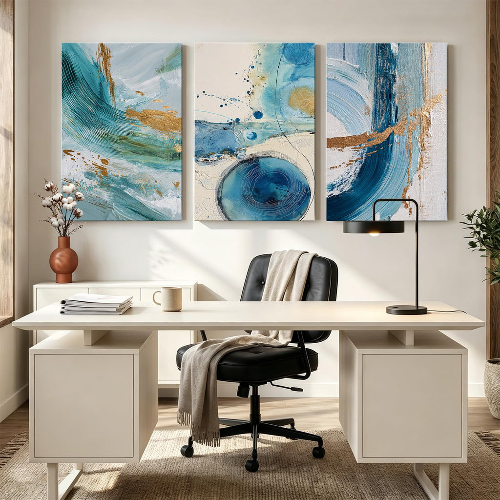 3 Piece Abstract Wall Art, Blue Teal and Gold Foil Canvas Prints, Modern Minimalist Ocean Abstract Painting, Framed