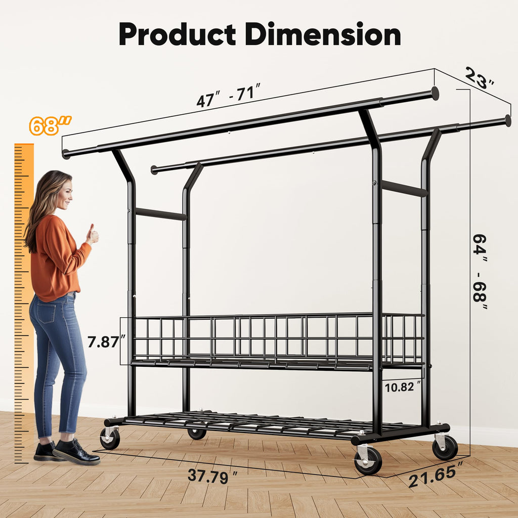 Heavy Duty Clothes Rack Load 635 LBS Adjustable Double Rod Black