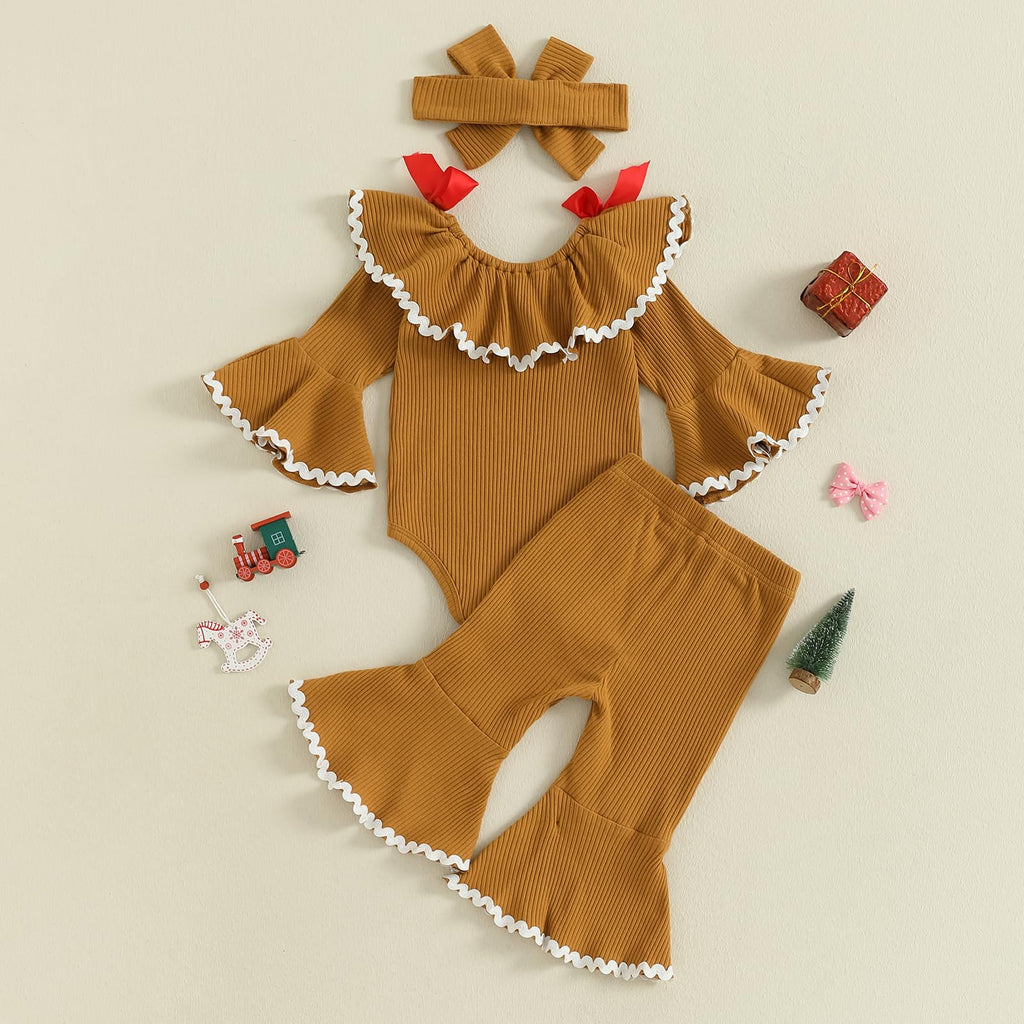 My First Christmas Baby Girl Outfit Newborn Onesie Ribbed Knit Gingerbread Romper Bell Bottoms Set Infant Clothes (F