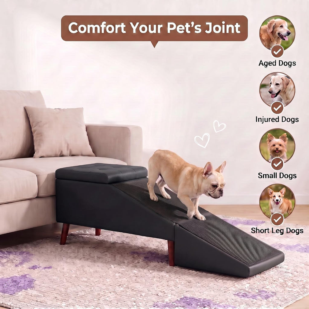 2-in-1 Dog Ramp & Ottoman - Foldable Dog Steps for Couch and Bed with Hidden Storage, 20.4" H Non-Slip Wooden Pet
