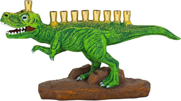 Zion Judaica Green Dinosaur Polyresin with Brass Cups Functional Kids Dino Candle Fits Standard Chanukah Candles