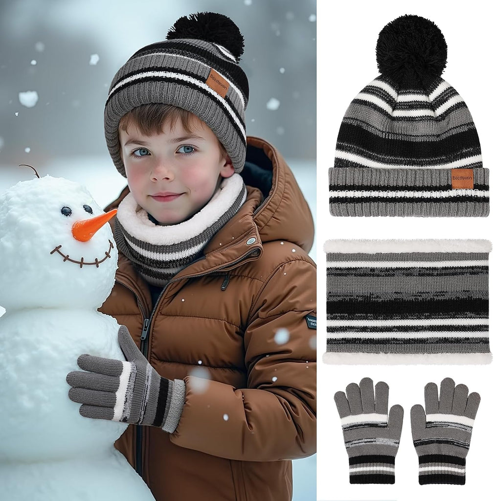 Kids Winter Hat Gloves Scarf Set: Girls Boys Beanie Fleece Lined