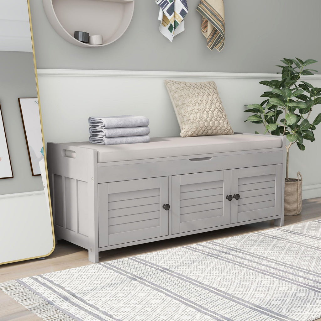 Storage Bench with 3 Shutter-Shaped Doors, Entryway Shoe Bench with Removable Cushion and Hidden Storage, Wooden