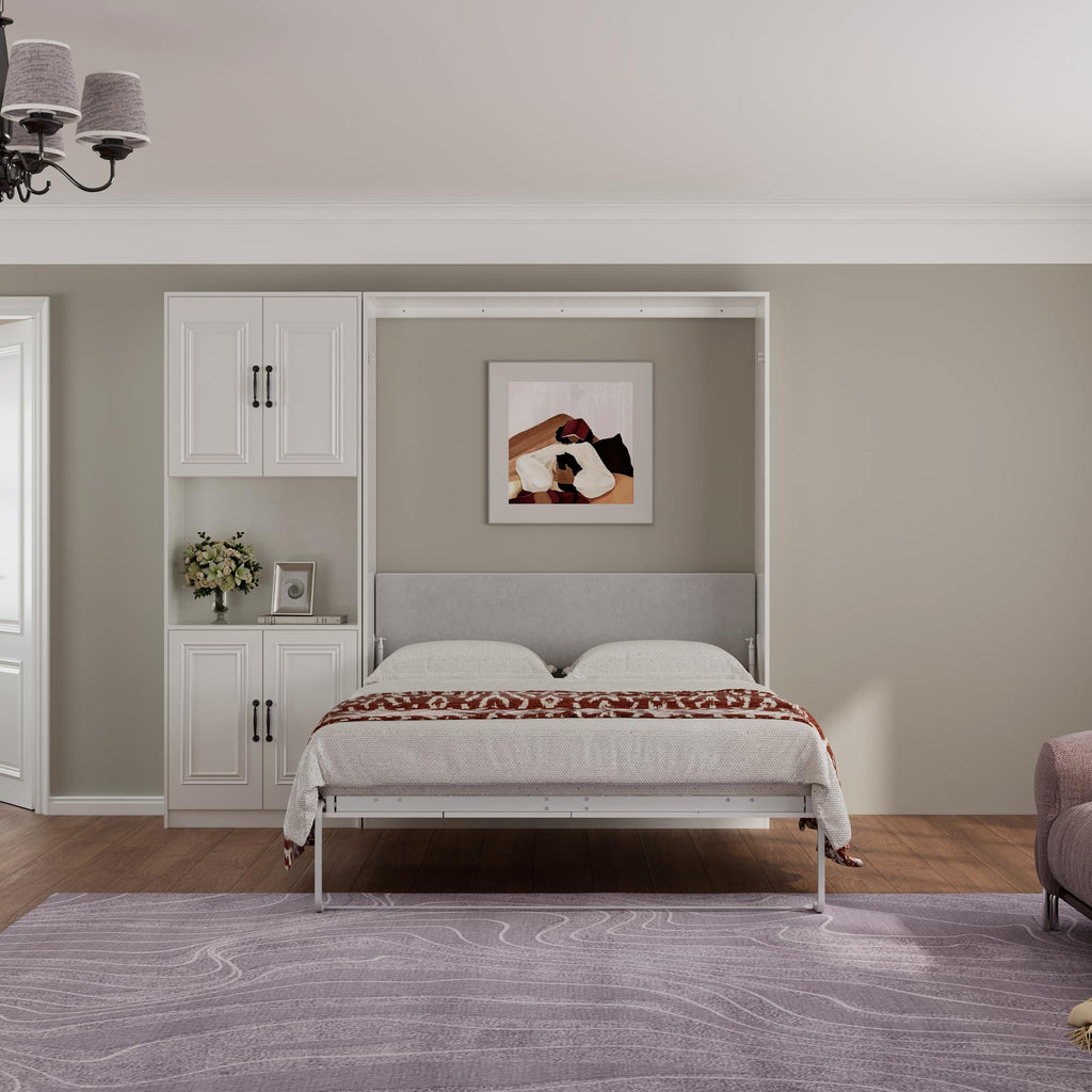 Vintage Murphy Bed Queen with 1 Cabinet, 85" Hidden Wall Bed, Vertical Murphy Bed Twin, Features a Hydraulic Rod/Padded