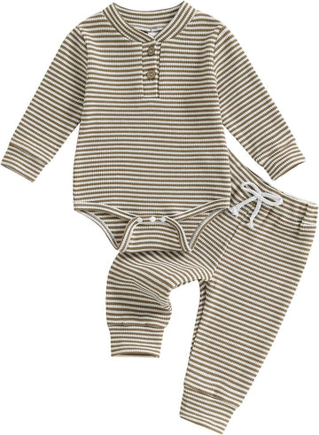 Newborn Boy Clothes Waffle Knit Long Sleeve Romper Long Pants Set Infant Fall Winter 2Pcs Outfits 0 3 6 9