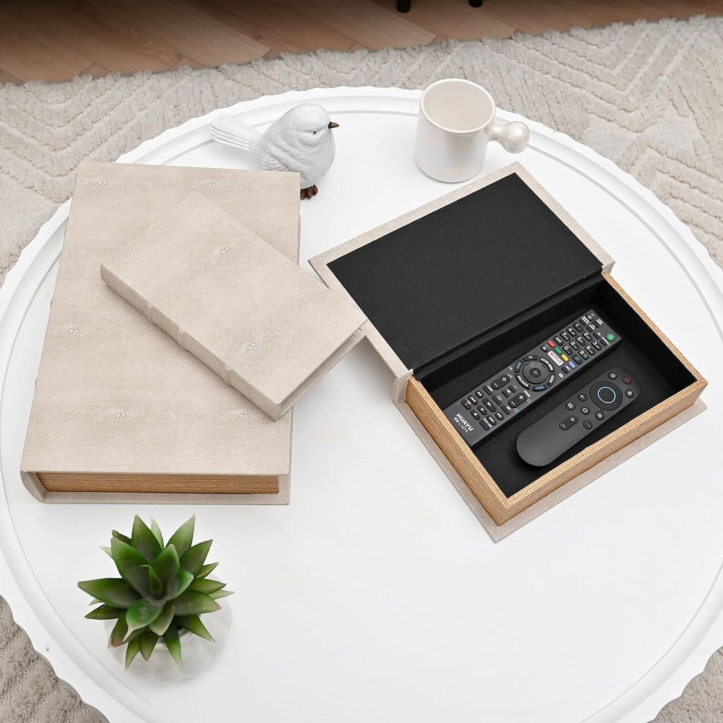 Modern Faux Shagreen Leather Decorative Book Boxes Set of 3 - Wooden Book Shaped Hidden Storage Boxes Decor, Coffee