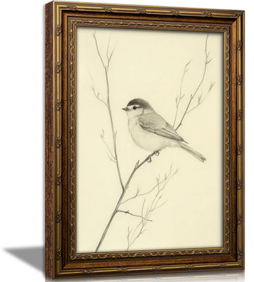 Vintage Gold Framed Bird Wall Art, Minimalist Bird on Branch Sketch Canvas Print, Spring Nature Line Drawing Wall