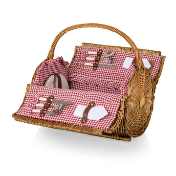 Barrel Wicker Picnic Basket for 2, Romantic English-Style Rounded Wooden Wicker Basket with Deluxe Service for 2