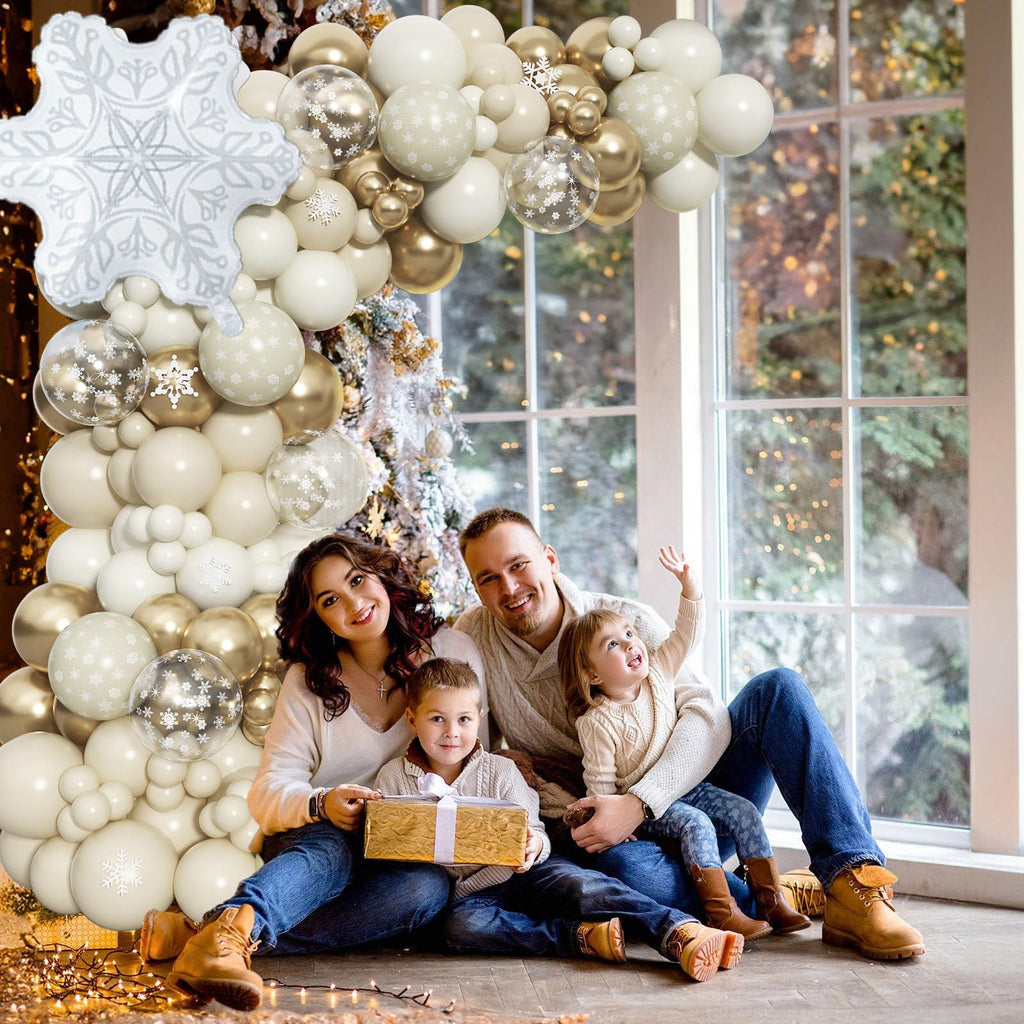 Snowflake Balloon Garland Arch Kit, Gold and White Sand Balloon Arch with Clear Snowflake Foil Balloons for Winter