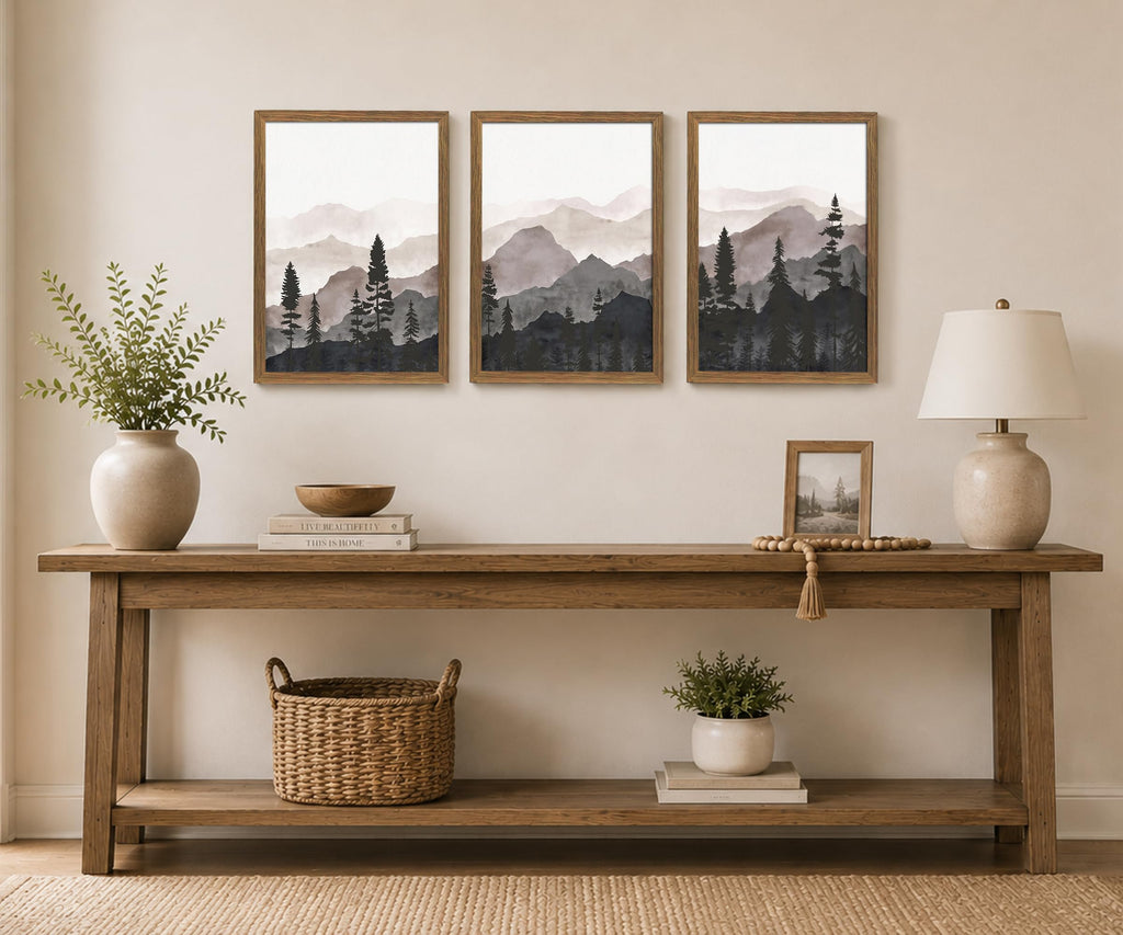Framed Pine Forest Wall Art Set of 3, Misty Mountain Landscape, 12x16 Inch