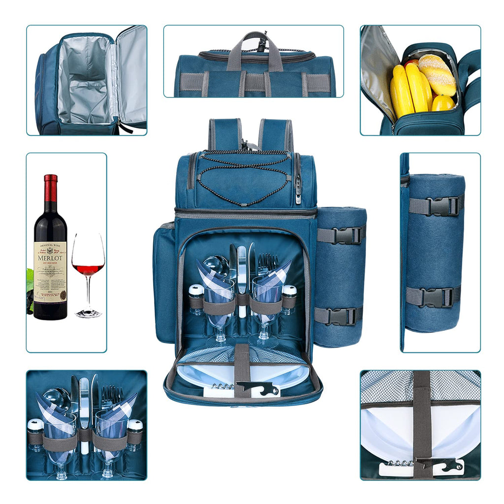 Picnic Basket Backpack for 2 Person with Insulated Leak Proof Cooler Compartment, Wine Holder, Fleece Blanket, Cutlery
