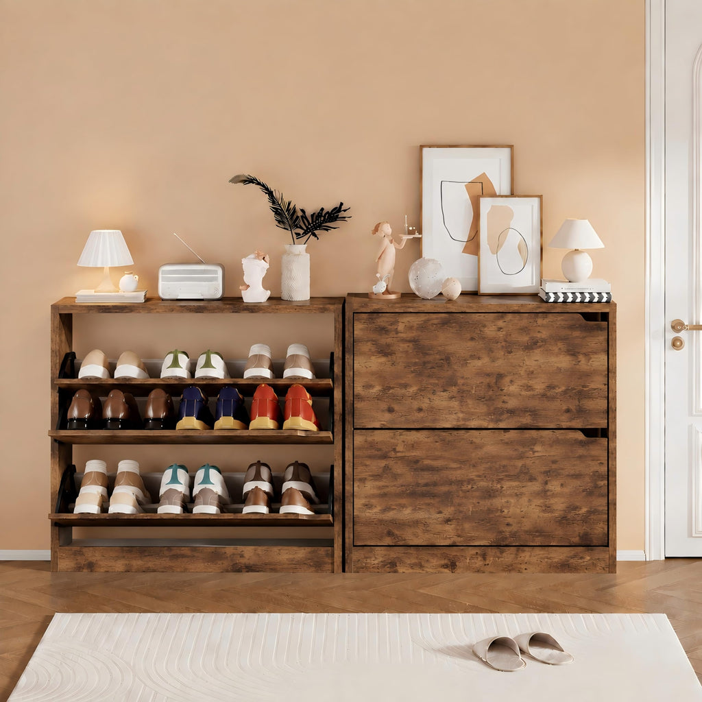 Brown Hidden Shoe Storage Cabinet with 2 Flip Drawers
