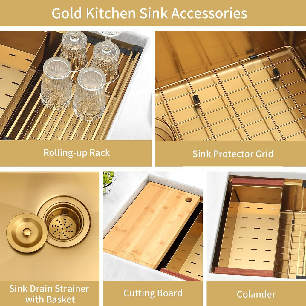 32 Inch Gold Undermount Kitchen Sink,16 Gauge 304 Stainless Steel Kitchen Sink Single Bowl, 32"x19"x10" Undermount