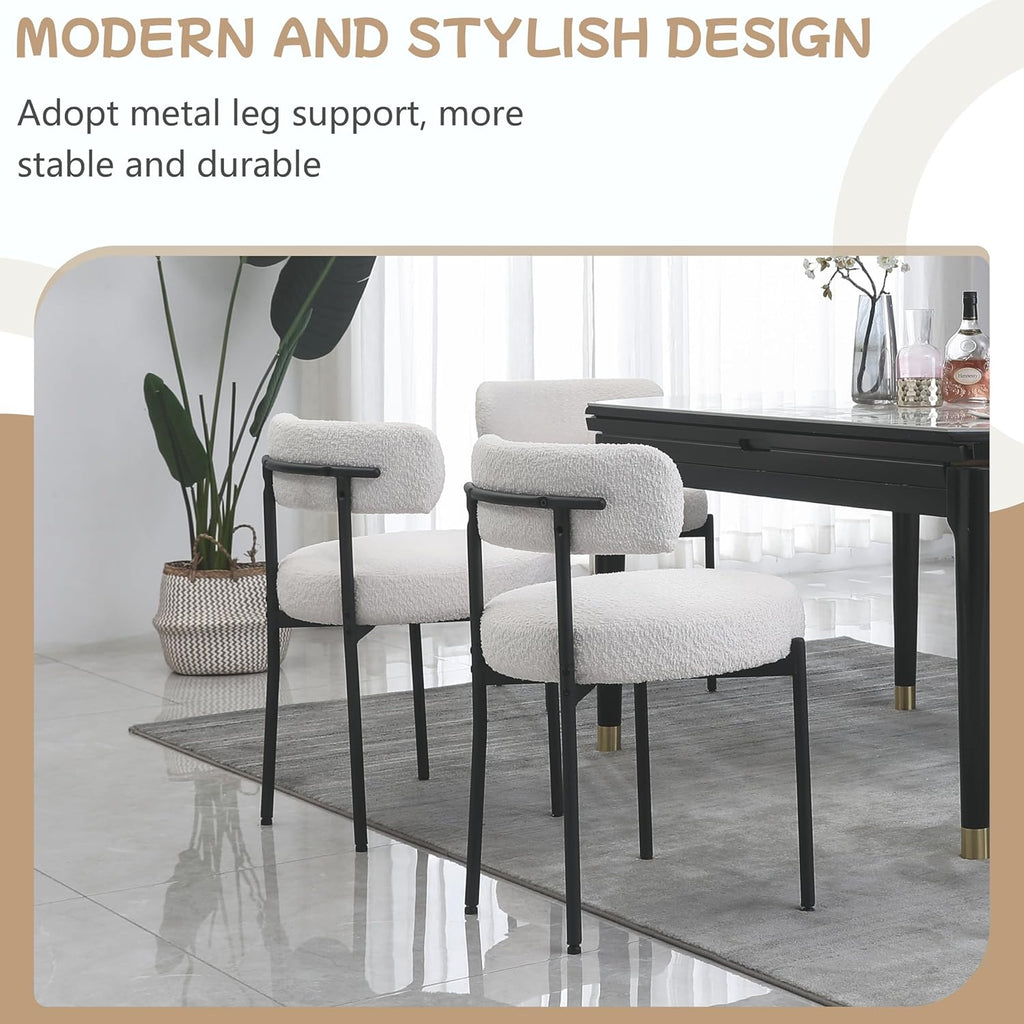 White Boucle Dining Chairs Set of 2, Upholstered Kitchen and Dining Room Chairs with Curved Backrest and Black Metal Legs
