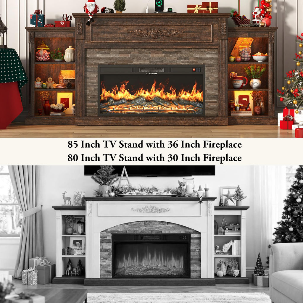85" Electric Fireplace with Mantel, Rustic Brown
