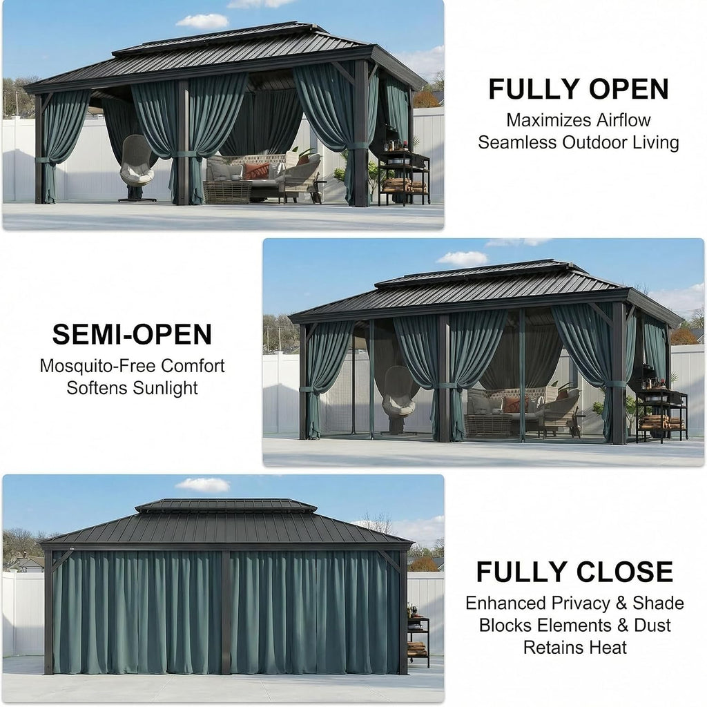 12x20 Gazebo on Clearance with Metal Roof, Heavy Duty Hardtop Gazebo with Flame-Retardant Curtain & Netting