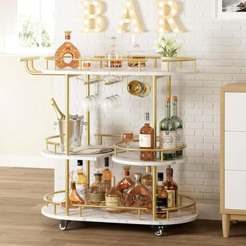 Bar Serving Cart with Wine Rack and Glass Holder, 3-Tier Rolling Serving Cart with 4 Wheels, Small Serving Table