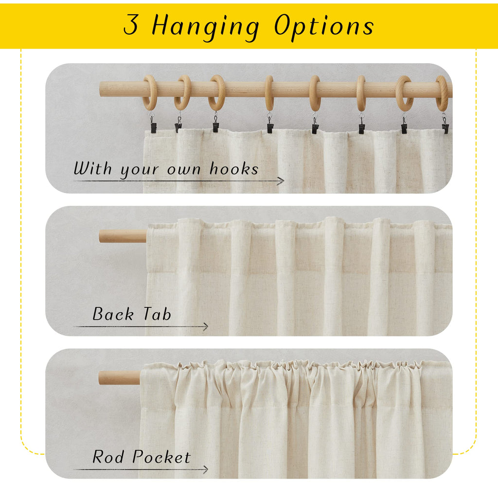 Natural Linen 144 inch Long Curtains, Rod Pocket & Back Tab Thick Flax Privacy Semi Sheer Window Treatments with