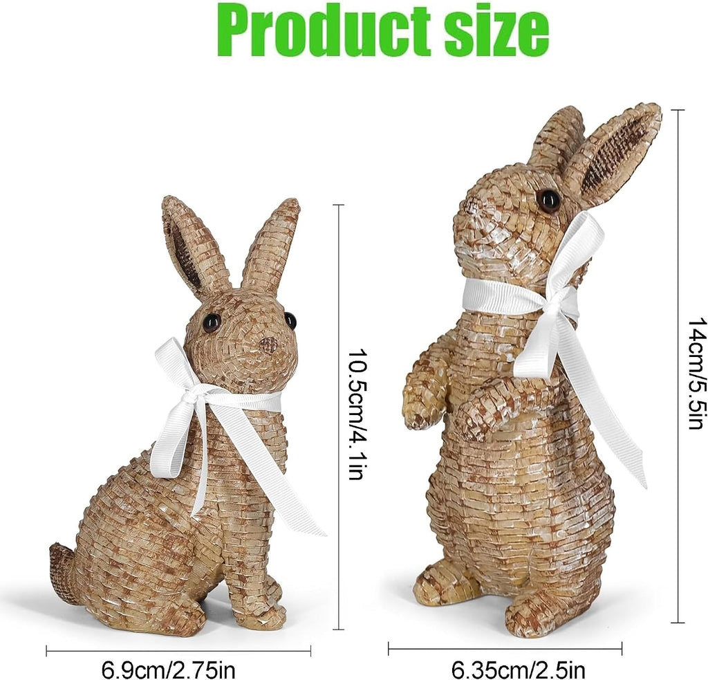 Rattan Effect Resin Bunny Easter Decor,Table Rabbit Easter Decorations,Spring Bunnies Decoration Statue Figurine - Set of 2
