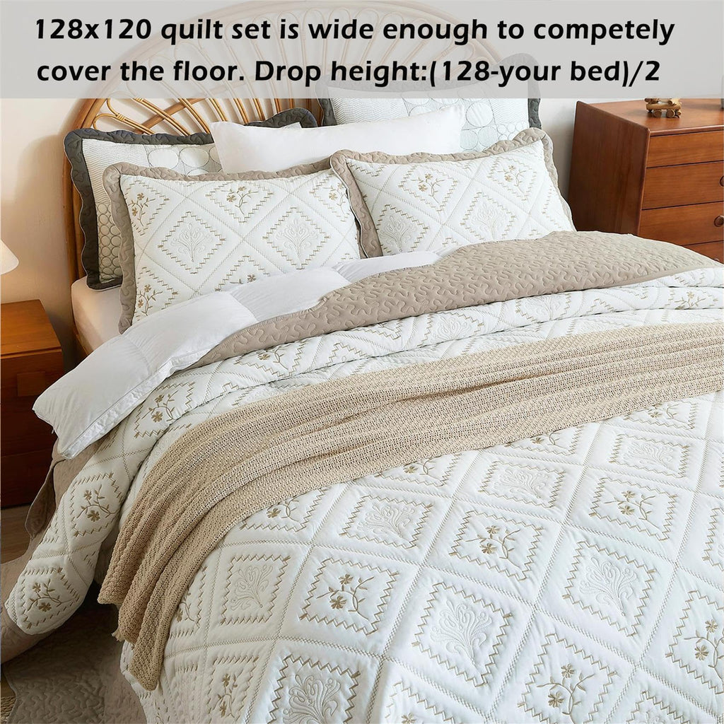 Oversized King Quilt Set Taupe-128x120 Super King Bedspread with 2 Pillow Shams-Exquisite Embroidery Bedding