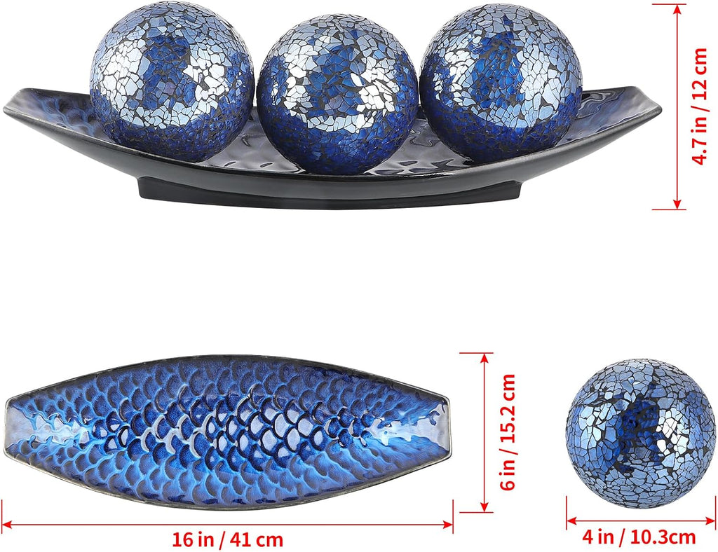 16" Large Ceramic Decorative Tray and 4" Glass Mosaic Balls Set of 4, Long Boat Shaped Centerpiece Bowl and Orbs Set