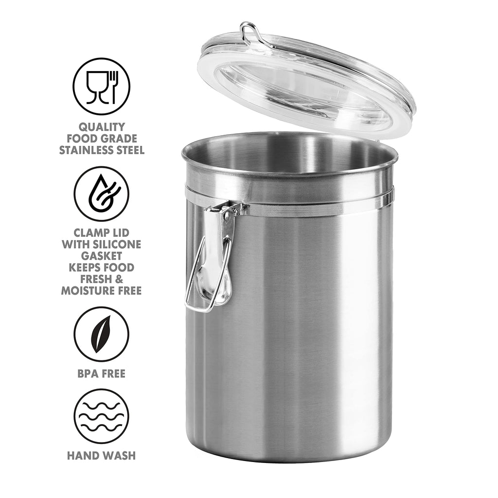 Stainless Steel Kitchen Canister 62 fl oz - Airtight Clamp Lid, Clear See-Thru Top - Ideal Storage, Food Storage