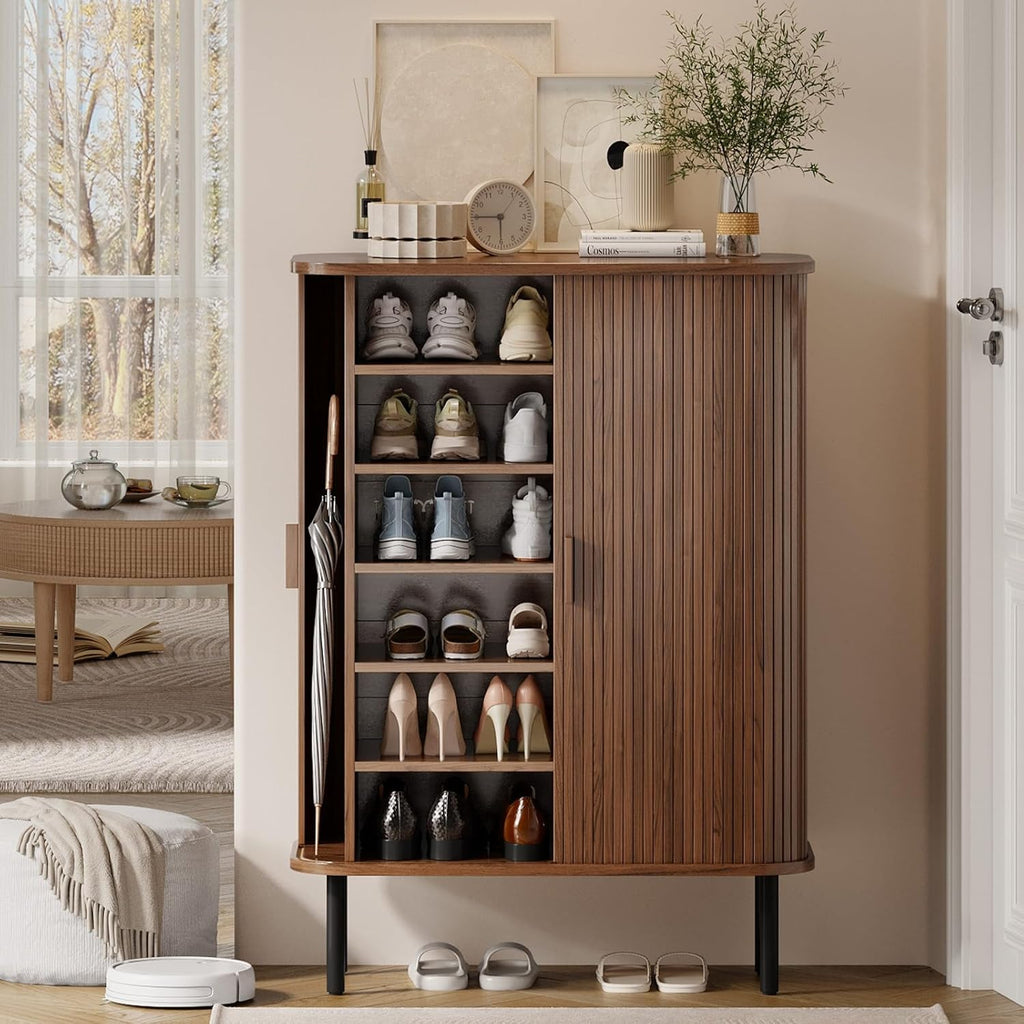 6-Tier Shoe Cabinet with Sliding Door, Wooden Shoe Storage Cabinet with Adjustable Shelves, Mid-Century Modern